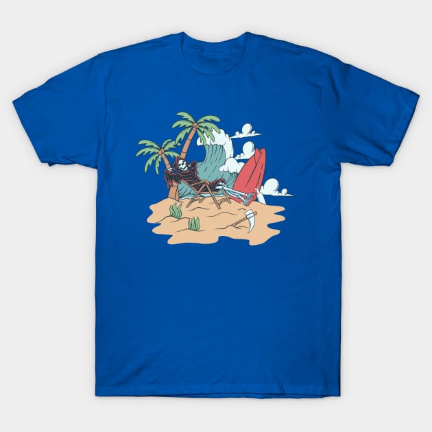 Grim Reaper Relaxing Under a Coconut Tree T-Shirt by schopixai